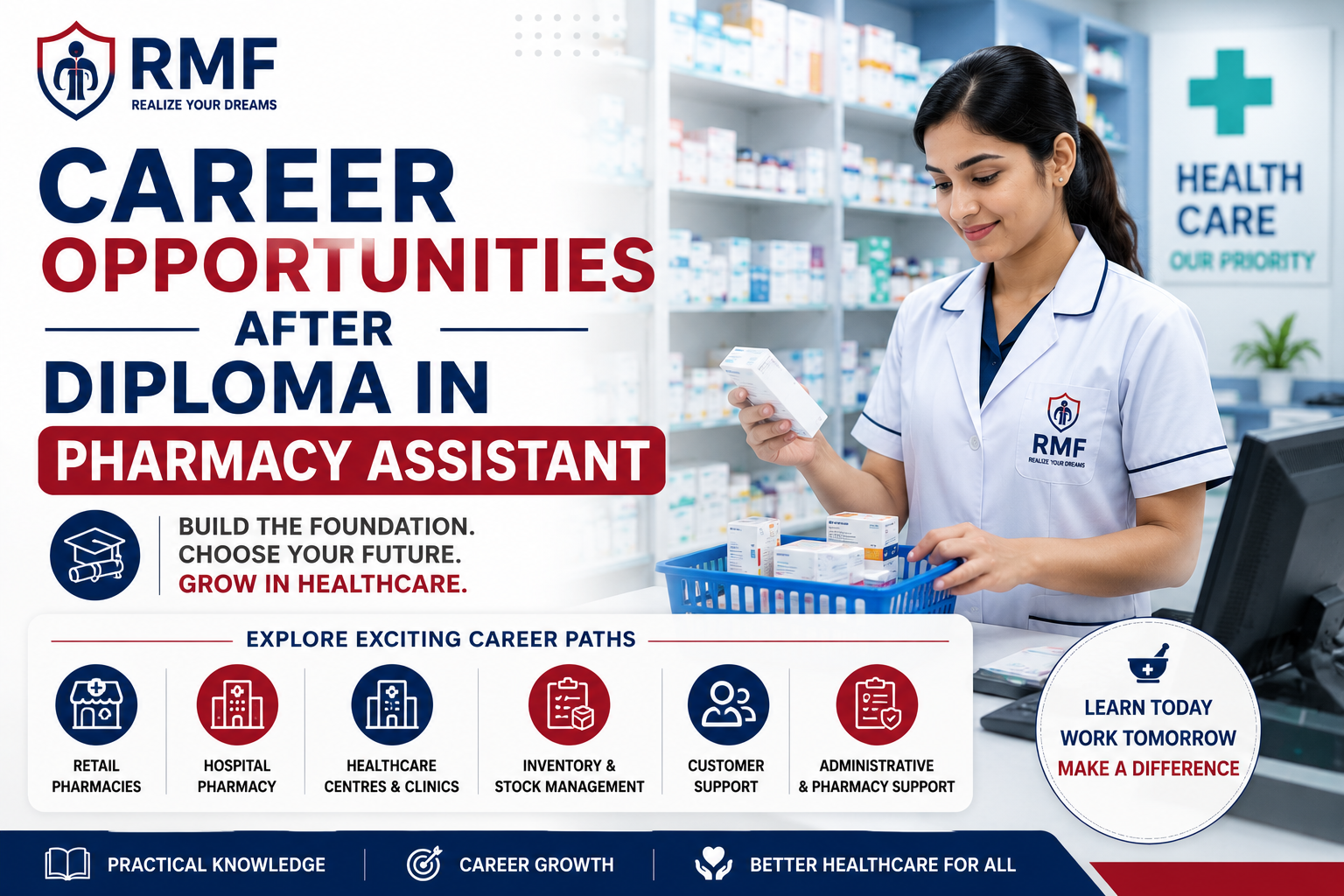 Pharmacy assistant organising medicines and helping with daily pharmacy operations.