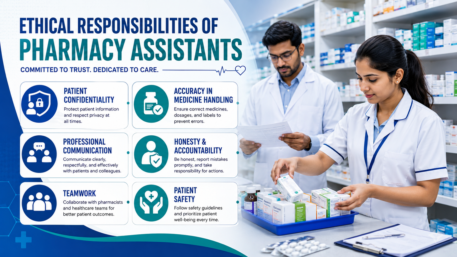 Pharmacy Assistant adhering to their professional ethical responsibilities within a hospital pharmacy at Rajamma Institute of Allied Health Sciences.