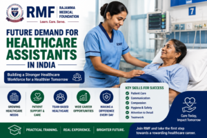 Healthcare assistant supporting a patient in a modern Indian hospital.
