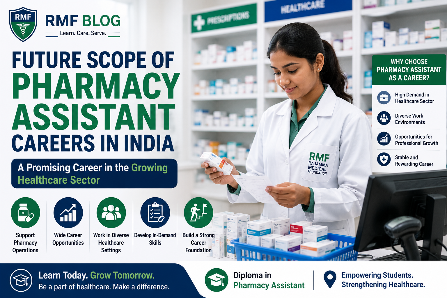 Pharmacy assistant checking. Organising pharmacy inventory in a modern healthcare setting.