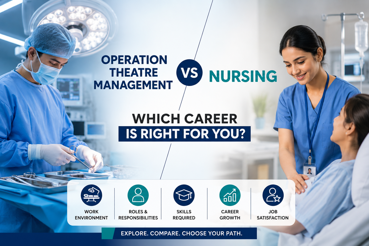 Students learning about Operation Theatre Management and Nursing careers in a healthcare training environment.