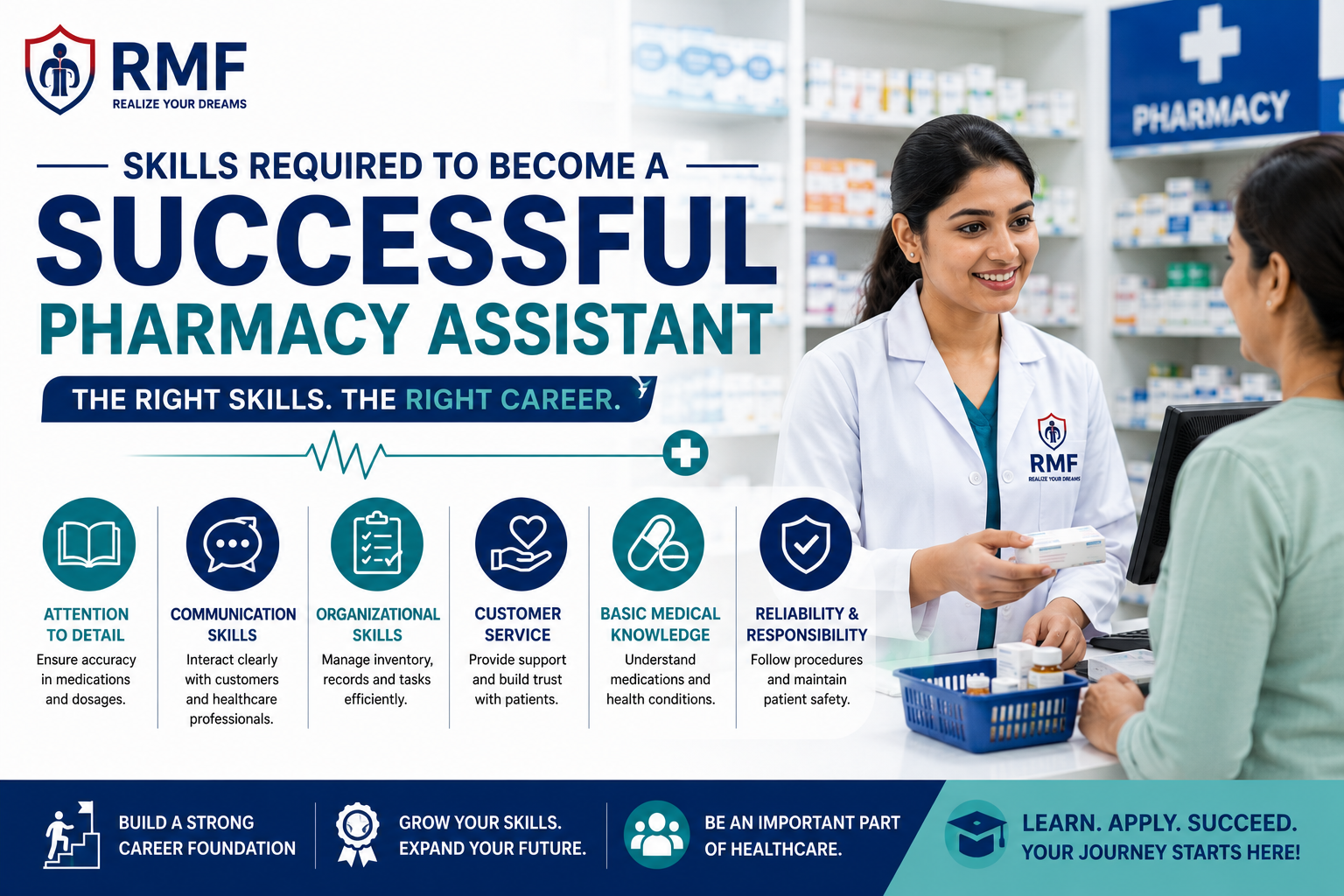Pharmacy assistant organising medicines and supporting a pharmacist in a healthcare setting.