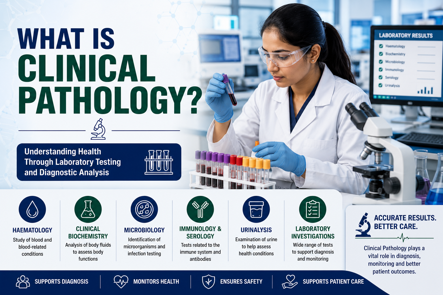 Medical laboratory professional examining Clinical Pathology samples in a laboratory.